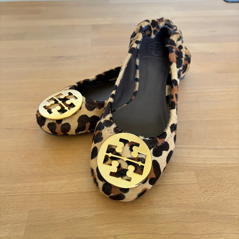 Tory Burch Reva Leopard Print Calf Hair Ballet Flats Gold Logo Brown Tan 8.5